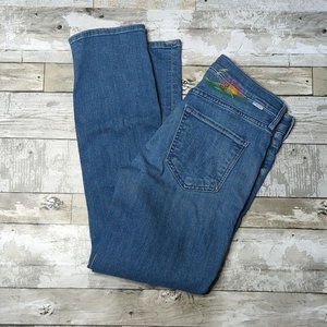 Mother denim the mid rise ankle I wet my plants embroidered bird sunrise floral